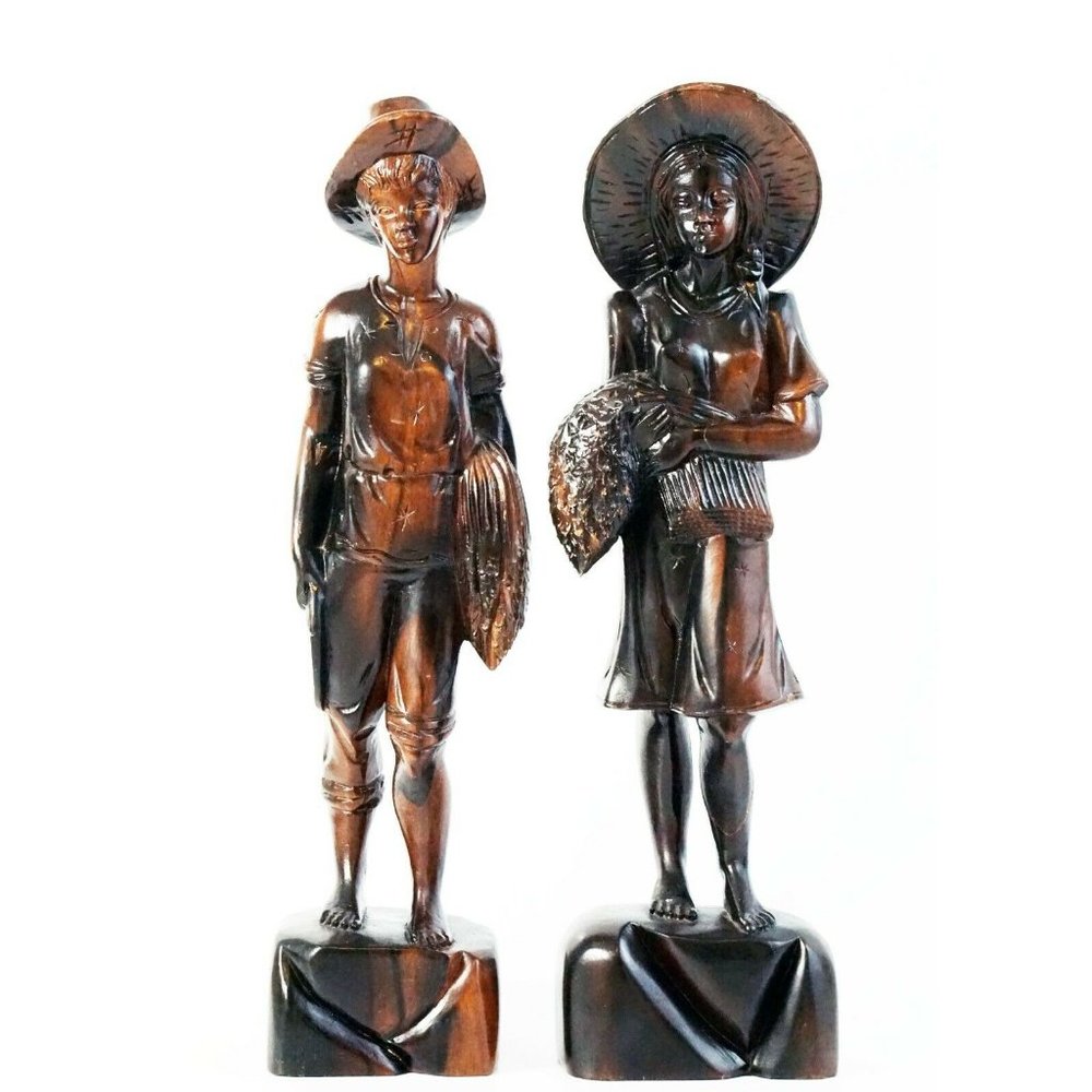 Carved Dark Wood Figurines Farm Boy & Girl